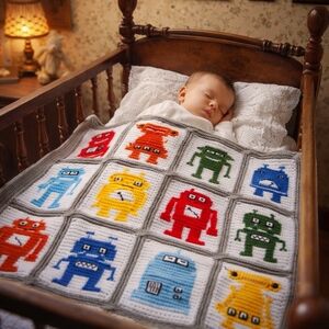 Hand-Crocheted Robot Baby Blanket